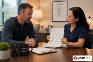 MOPE Clinic provider reviewing sleep apnea symptoms and testosterone lab results with a patient in Metairie