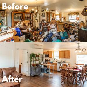 Split before-and-after photo of a home interior. The top image shows a living area filled floor to ceiling with boxes, furniture and household clutter. The bottom image shows the same open living and kitchen area cleared, with hardwood floors, a leather s