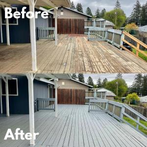 Split before-and-after photo of a covered wood deck. The top image shows sun-bleached, weathered decking and mismatched railings. The bottom image shows the same deck resurfaced and painted gray with matching gray railings.