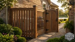 Custom wood fence enclosure around outdoor equipment beside a Louisiana brick home