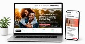 Laptop and smartphone displaying the CoupleWin relationship guidance platform with research-backed tutorials for common relationship challenges.