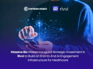 Massive Bio and Rivvi logos above a person using a smartphone with a blue digital network, announcing Massive Bio’s strategic investment in Rivvi.