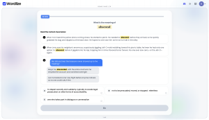A Wordlize daily quest asking the meaning of "abscond." Three context clues show the word used in a short story, a humorous narrative, and a text-message conversation, each with the word highlighted. Multiple-choice answers appear below.