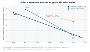 A line chart showing Germany's solar capture rate falling from 82 percent in 2020 to a projected 39 percent in 2031 and Spain's from 88 percent in 2022 to a projected 41 percent in 2030, with a point for Spain-with-storage above 65 percent.