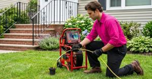 Pro Trenchless Services technician performing underground pipe inspection with sewer camera equipment in a residential yard.