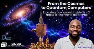 Person smiling with space and quantum images