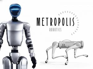 SKYE the humanoid robot standing and METRO the robotic dog running