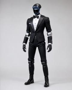 SKYE the humanoid robot poses while wearing a formal tuxedo suit.