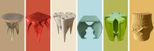 6 pieces of modern 3d printed furniture in a palette of bioplastic colours