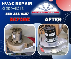 Mechanical Air promotional graphic showing a "Before and After" comparison of an HVAC blower motor repair and replacement service.