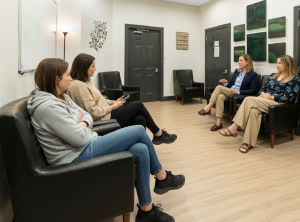 a group of four women in sitting and talking in a therapy room