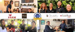 Collage of diverse groups of people smiling at restaurants Front Porch Farm, Clandestino, and Taquila, featuring Certified Autism Center logo.