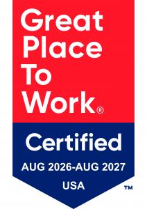 Red and Blue badge. Text reads: Great Place to Work Certified AUG -AUG USA