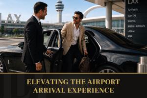 A professional LB Limousine chauffeur welcomes a traveler at LAX, providing personalized meet-and-greet airport transportation.