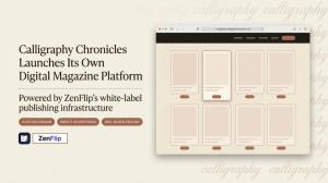 Editorial press release feature image with a warm cream background and a repeated calligraphy watermark. On the left, large serif text reads "Calligraphy Chronicles Launches Its Own Digital Magazine Platform" with the subtitle "Powered by ZenFlip's white-