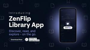Dark navy promotional banner introducing the ZenFlip Library App. On the left, large white bold text reads "Introducing ZenFlip Library App" with the tagline "Discover, read, and explore — on the go." A Download Now button and Google Play badge are displa