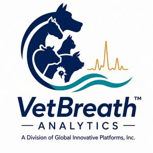 VetBreath Analytics logo featuring silhouettes of a dog, horse, cat, pig, cow, and chicken beside an orange diagnostic waveform, with teal waves and the text “A Division of Global Innovative Platforms, Inc.”