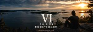 Georgian Bay at sunset with a lone figure on the rocky shore and The Sixth logo and tagline "Too big to be a bay.