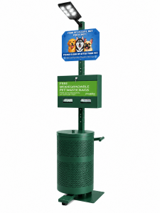 Commercial pet waste station with 1,200-bag capacity, 20-gallon waste bin, LED lighting, biodegradable bags, and hands-free foot pedal operation.
