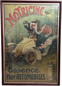 Circa-1905 French gasoline advertising poster by J.L. Sesourd promoting Motricine fuel from the Societe Industrielle Français des Petroles, 40in x 56in. Estimate: $4,000-$8,000