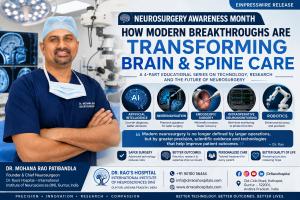 Dr. Mohana Rao Patibandla, internationally trained neurosurgeon, stands in a modern operating room beside an operating microscope as an educational infographic showcases Neurosurgery Awareness Month and the latest advances in artificial intelligence, neur