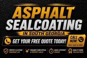 Professional asphalt sealcoating services in South Georgia by Albany Sealcoating & Line Striping LLC, featuring freshly sealed black asphalt that protects pavement, extends asphalt life, and enhances curb appeal for commercial parking lots and residential