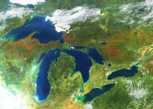 A satellite image of the Great Lakes Basin