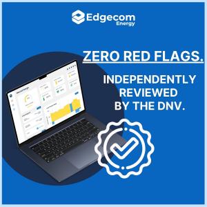 A laptop showing Edgecom Energy's NeuraCharge™ battery dispatch dashboard, with text reading zero red flags, independently reviewed by DNV.