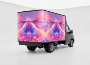 Close-up of an LED truck screen showing a forced-perspective 3D object appearing to emerge from the display surface.