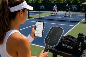 Pickleball player checking the Aithlete mobile app courtside while holding a paddle on an outdoor pickleball court.