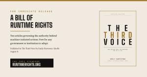 A Bill of Runtime Rights beside the cover of The Third Voice by Emily Hartstone, with the free standard published at runtimerights.org.