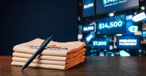 Branded pen beside a stack of folded promotional tote bags, with digital advertising price screens in the background.