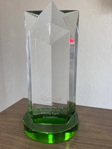 Crystal star trophy awarded to Priority Signs & Graphics as the 2026 Southlake Small Business of the Year by the Southlake Chamber of Commerce.