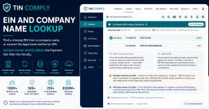 TIN Comply EIN and Company Name Lookup dashboard showing a successful vendor identity search with company name, EIN, and entity details.