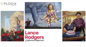 shows 3 different paintings of difference scenes with symbolism of tornado, jumping rope, Italian granparents and farmgirl on red tractor visited by flying saucer