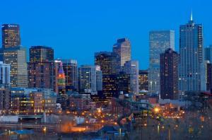 Denver, Colorado downtown skyline at dusk, the commercial market served by Harmony Painting