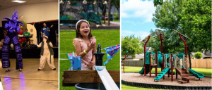 Three-panel image: a child dancing with a tall LED-lit performer, a laughing girl at a water table, and an empty colorful playground on a sunny day.
