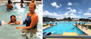 Left: Woman teaches child to swim in a pool using a float. Right: Outdoor swimming pool with people swimming and relaxing under a sunny sky.