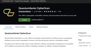 QuantumGenie CipherScan listing on the Visual Studio Code Marketplace showing its install option and cryptographic security capabilities.