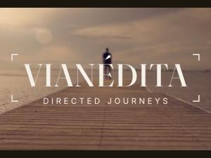 Vianédita logo and tagline "Directed Journeys" over a wooden pier in the Ebro Delta, Catalonia, Spain.