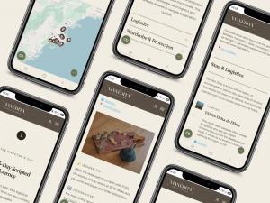 Mobile screens from Vianédita's Ebro Delta digital guide, showing a map of curated locations, a logistics section, and an insider tip about restaurant hours.