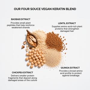 A clean white ingredient graphic featuring clustered baobab, lentil, chickpea, and quinoa ingredients, with labels explaining how the four-source vegan keratin-like blend helps reinforce weakened hair and reduce breakage.