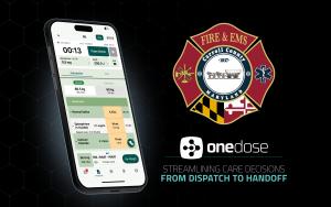 Graphic displaying a OneDose mobile device and the official logos of OneDose and Carroll County Department of Fire & EMS.