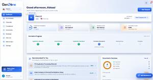 GenZone Platform dashboard showing US LLC formation progress, EIN registration, banking status, and filing deadlines for a non-resident founder.