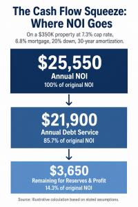 Waterfall infographic showing $25,550 annual NOI flowing to $21,900 annual debt service, leaving $3,650 before taxes and capital reserves on a $350,000 property at 7.3% cap rate.