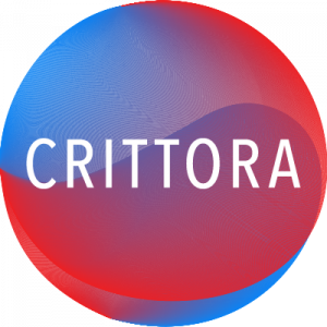 Globe with Read and Blue swirl with "Crittora" in the center