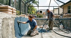 Two men applying new surface material to a pool on a concrete patio in Altamonte Springs, FL.