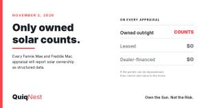QuiqNest graphic listing three solar ownership categories on an appraisal: owned outright counts, leased is zero, dealer-financed is zero.