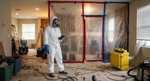 A man in a protective suit stands in a room filled with various tools for asbestos abatement.