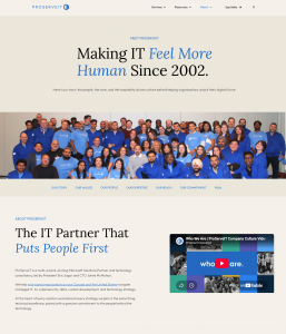 Screenshot of ProServeIT’s About Us page featuring the message “Making IT feel more human since 2002.”